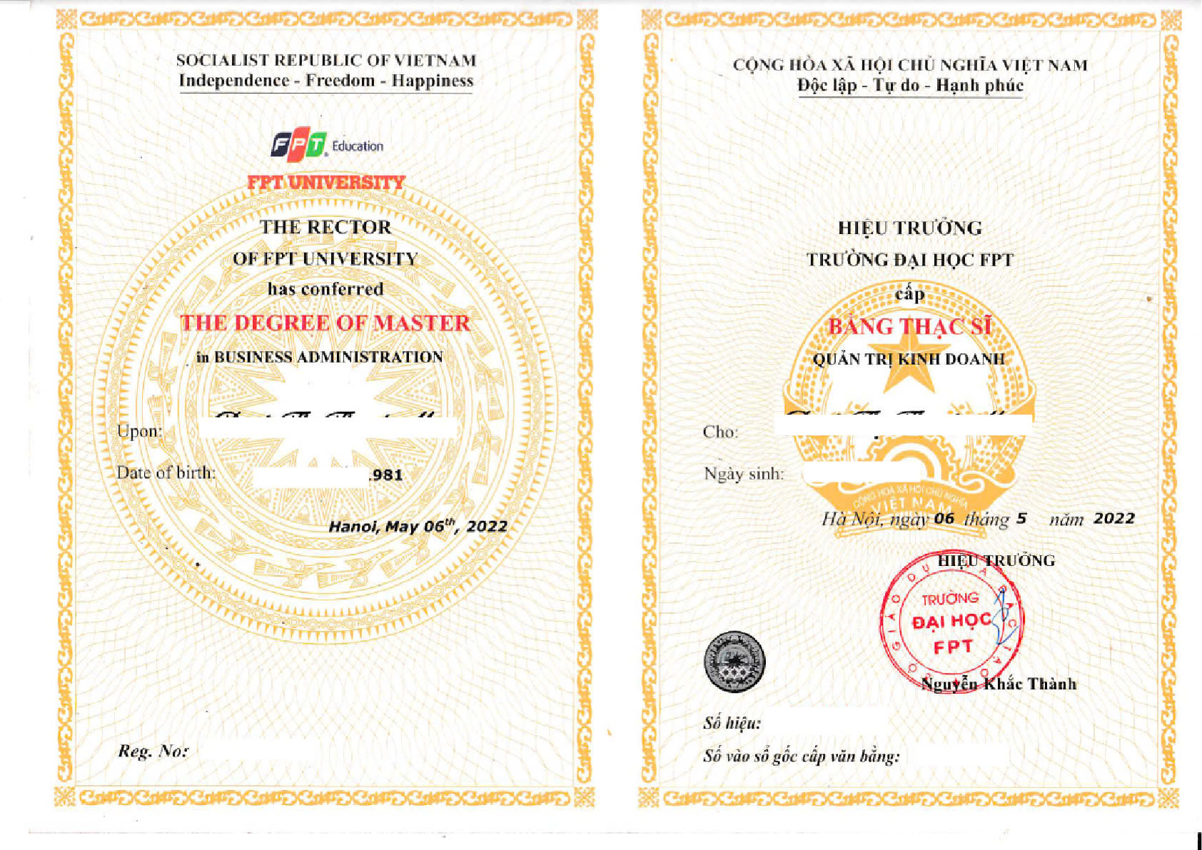 Mẫu bằng Thạc sĩ Quản trị Kinh doanh