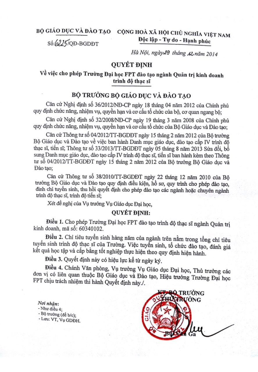 Quyết định của Bộ Giáo dục &amp; Đào tạo về việc cho phép Trường Đại học FPT đào tạo thạc sĩ Quản trị kinh doanh (MBA)